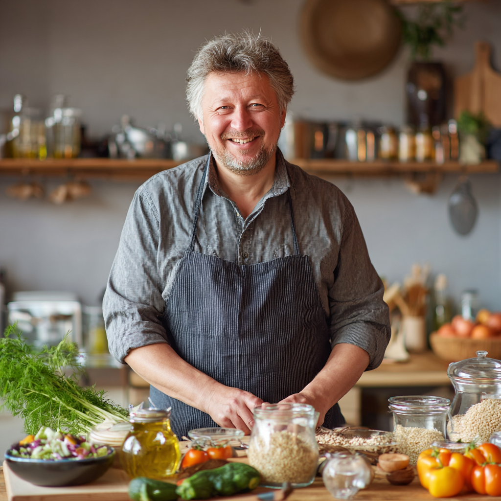 Happy Ukrainian family enjoying healthy meal together at modern kitchen table