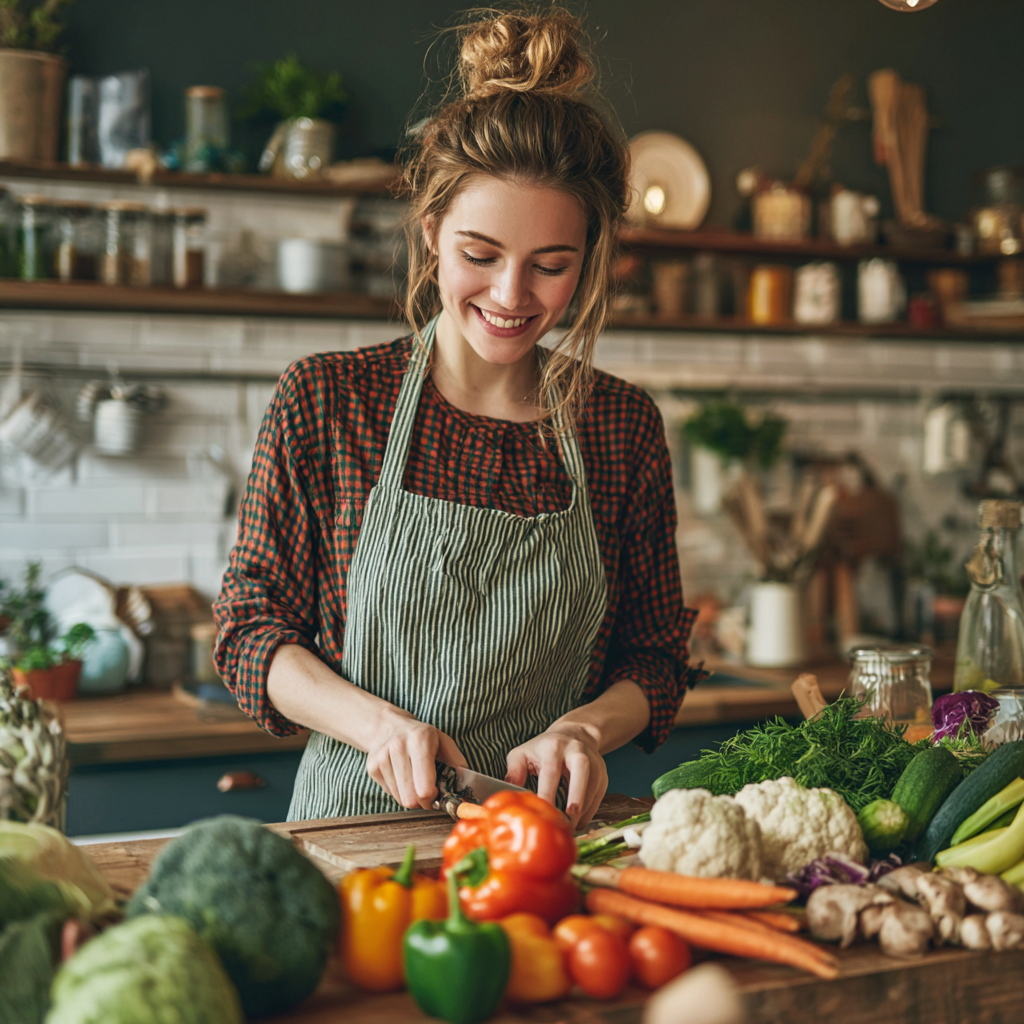 Smiling Ukrainian woman in her 30s preparing colorful healthy vegetables in bright kitchen